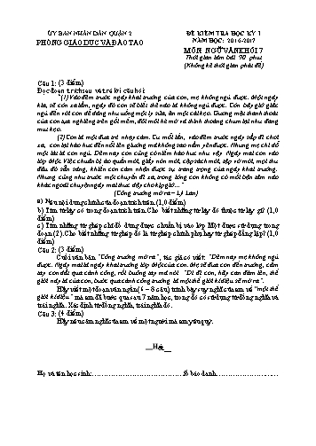 Đề kiểm tra học kỳ I môn Ngữ văn Khối 7 - Năm học 2016-2017 - Phòng GD&ĐT Quận 2 (Có đáp án)