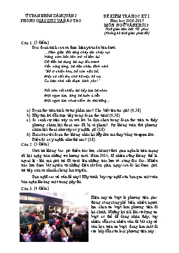 Đề kiểm tra học kỳ I môn Ngữ văn Khối 9 - Năm học 2016-2017 - Phòng GD&ĐT Quận 2 (Có đáp án)