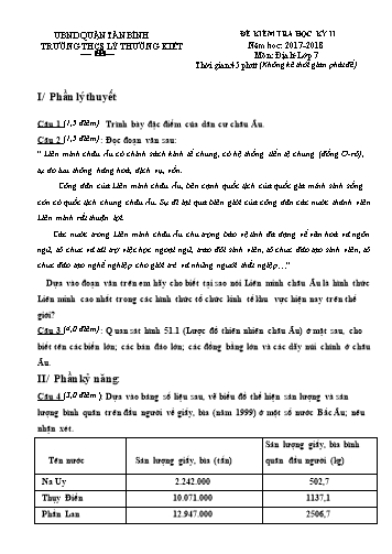 Đề kiểm tra học kỳ II môn Địa lí 7 - Năm học 2017-2018 - Trường THCS Lý Thường Kiệt (Có đáp án)