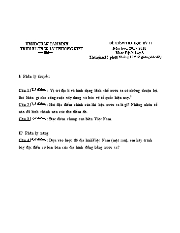 Đề kiểm tra học kỳ II môn Địa lí 8 - Năm học 2017-2018 - Trường THCS Lý Thường Kiệt (Có đáp án)