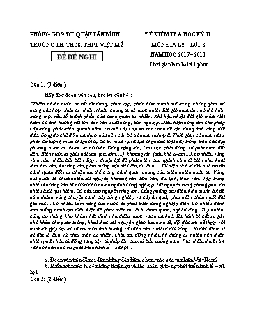 Đề kiểm tra học kỳ II môn Địa lý 8 - Năm học 2017-2018 - Trường TH, THCS, THPT Việt Mỹ (Có đáp án)