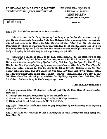 Đề kiểm tra học kỳ II môn Địa lý 9 - Năm học 2017-2018 - Trường TH, THCS, THPT Việt Mỹ (Có đáp án)