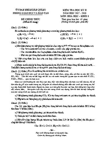 Đề kiểm tra học kỳ II môn Hóa học 8 - Năm học 2017-2018 - Phòng GD&ĐT Quận 3 (Có đáp án)