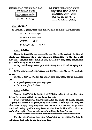 Đề kiểm tra học kỳ II môn Hóa học 8 - Năm học 2017-2018 - Phòng GD&ĐT Quận Tân Bình (Có đáp án)