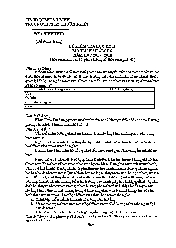 Đề kiểm tra học kỳ II môn Lịch sử Lớp 6 - Năm học 2017-2018 - Trường THCS Lý Thường Kiệt (Có đáp án)
