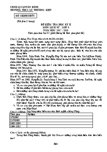Đề kiểm tra học kỳ II môn Lịch sử Lớp 8 - Năm học 2017-2018 - Trường THCS Lý Thường Kiệt (Có đáp án)