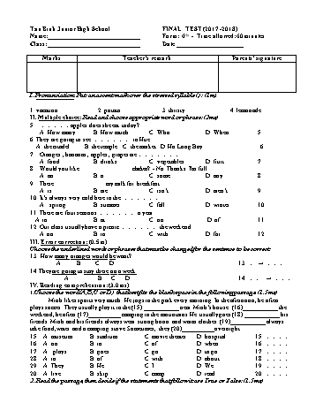 Đề kiểm tra học kỳ II môn Tiếng Anh 6 - Năm học 2017-2018 - Trường THCS Tân Bình (Có đáp án)