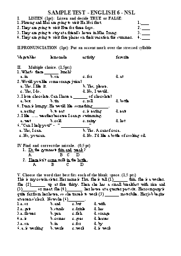 Đề kiểm tra học kỳ II môn Tiếng Anh 6 - Năm học 2017-2018 - Trường THCS Ngô Sĩ Liên (Có đáp án)