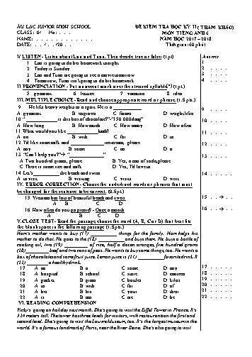 Đề kiểm tra học kỳ II môn Tiếng Anh 6 - Năm học 2017-2018 - Trường THCS Âu Lạc (Có đáp án)
