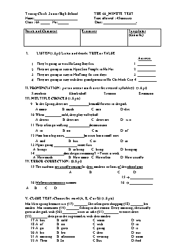 Đề kiểm tra học kỳ II môn Tiếng Anh 6 - Trường THCS Trường Chinh (Có đáp án)