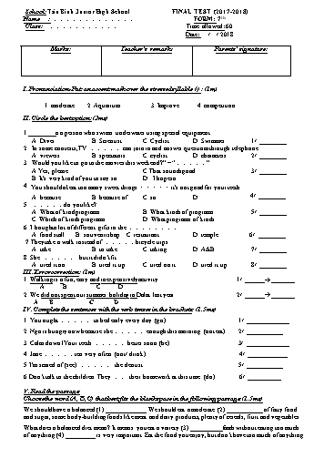 Đề kiểm tra học kỳ II môn Tiếng Anh 7 - Năm học 2017-2018 - Trường THCS Tân Bình (Có đáp án)