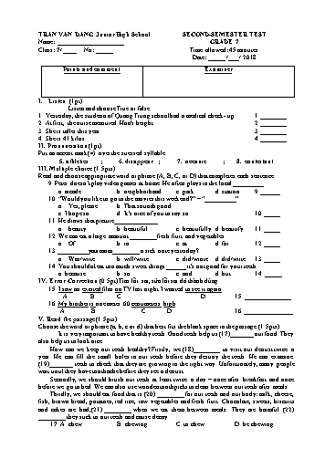 Đề kiểm tra học kỳ II môn Tiếng Anh 7 - Năm học 2017-2018 - Trường THCS Trần Văn Đang (Có đáp án)