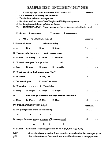 Đề kiểm tra học kỳ II môn Tiếng Anh 7 - Năm học 2017-2018 - Trường THCS Ngô Sĩ Liên (Có đáp án)