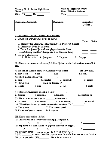 Đề kiểm tra học kỳ II môn Tiếng Anh 7 - Trường THCS Trường Chinh (Kèm đáp án)