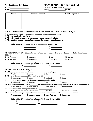 Đề kiểm tra học kỳ II môn Tiếng Anh 8 - Năm học 2017-2018 - Trường THCS Tân Bình (Có đáp án)