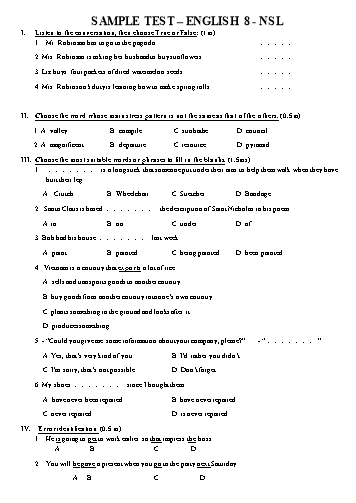 Đề kiểm tra học kỳ II môn Tiếng Anh 8 - Năm học 2017-2018 - Trường THCS Ngô Sĩ Liên (Có đáp án)