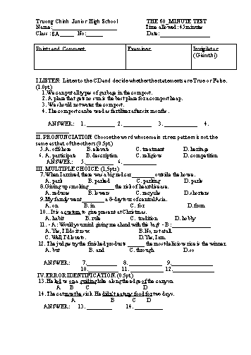 Đề kiểm tra học kỳ II môn Tiếng Anh 8 - Trường THCS Trường Chinh (Có đáp án)
