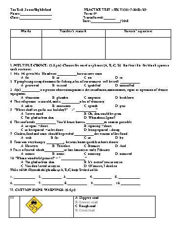 Đề kiểm tra học kỳ II môn Tiếng Anh 9 - Năm học 2017-2018 - Trường THCS Tân Bình (Có đáp án)