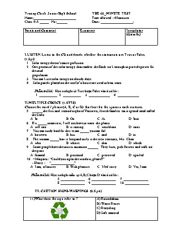 Đề kiểm tra học kỳ II môn Tiếng Anh 9 - Trường THCS Trường Chinh (Có đáp án)