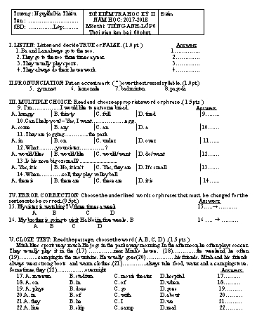 Đề kiểm tra học kỳ II môn Tiếng Anh Lớp 6 - Năm học 2017-2018 - Trường THCS Nguyễn Gia Thiều (Có đáp án)