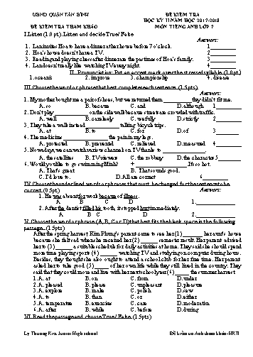Đề kiểm tra học kỳ II môn Tiếng Anh Lớp 7 - Năm học 2017-2018 - Trường THCS Lý Thường Kiệt (Có đáp án)