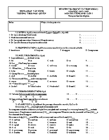 Đề kiểm tra học kỳ II môn Tiếng Anh Lớp 7 - Năm học 2017-2018 - Trường THCS Ngô Quyền (Có đáp án)