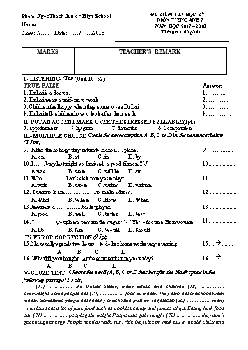 Đề kiểm tra học kỳ II môn Tiếng Anh Lớp 7 - Năm học 2017-2018 - Trường THCS Phạm Ngọc Thạch (Có đáp án)