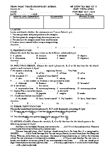 Đề kiểm tra học kỳ II môn Tiếng Anh Lớp 8 - Năm học 2017-2018 - Trường THCS Phạm Ngọc Thạch (Có đáp án)