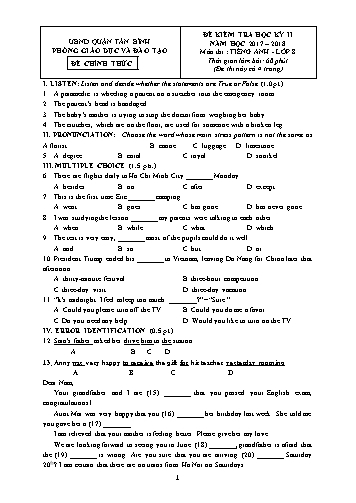 Đề kiểm tra học kỳ II môn Tiếng Anh Lớp 8 - Năm học 2017-2018 - Phòng GD&ĐT Quận Tân Bình (Có ma trận và đáp án kèm theo)
