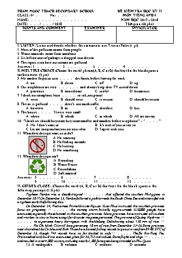 Đề kiểm tra học kỳ II môn Tiếng Anh Lớp 9 - Năm học 2017-2018 - Trường THCS Phạm Ngọc Thạch (Có đáp án)