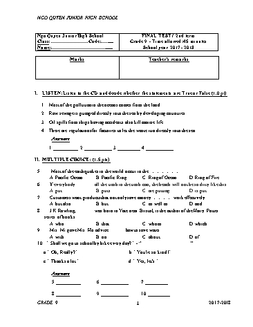 Đề kiểm tra học kỳ II môn Tiếng Anh Lớp 9 - Năm học 2017-2018 - Trường THCS Ngô Quyền (Có đáp án kèm theo)