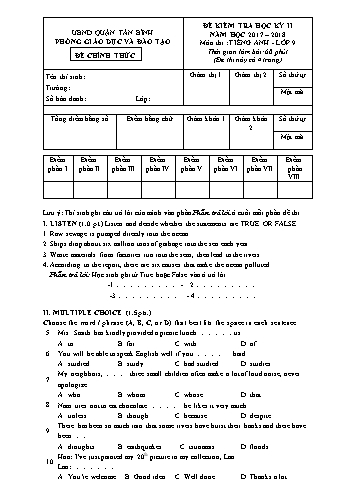 Đề kiểm tra học kỳ II môn Tiếng Anh Lớp 9 - Năm học 2017-2018 - Phòng GD&ĐT Quận Tân Bình (Có ma trận và đáp án kèm theo)