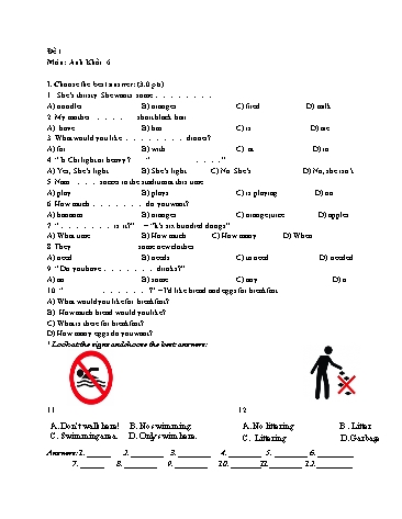 Đề kiểm tra môn Tiếng Anh Lớp 6 - Đề số 1