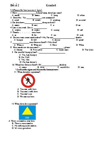 Đề kiểm tra môn Tiếng Anh Lớp 6 - Đề số 2