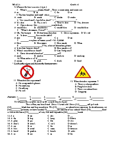 Đề kiểm tra môn Tiếng Anh Lớp 6 - Đề số 3
