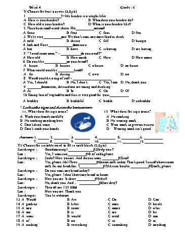 Đề kiểm tra môn Tiếng Anh Lớp 6 - Đề số 4