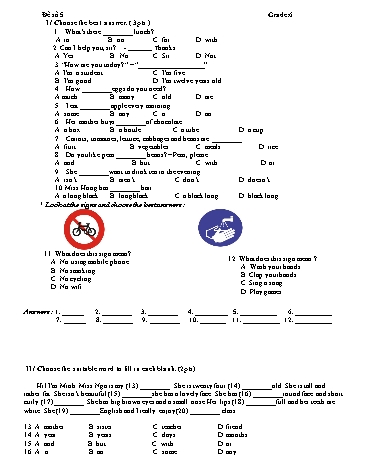 Đề kiểm tra môn Tiếng Anh Lớp 6 - Đề số 5