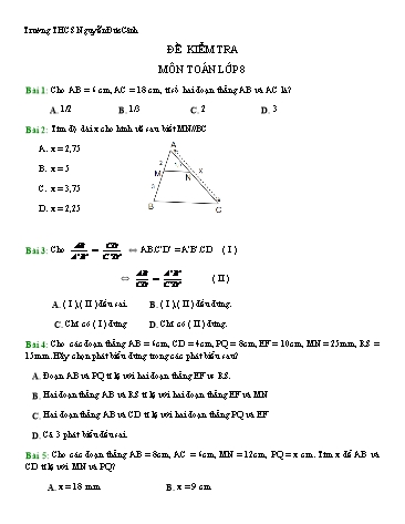 Đề kiểm tra môn Toán Lớp 8 - Trường THCS Nguyễn Đức Cảnh