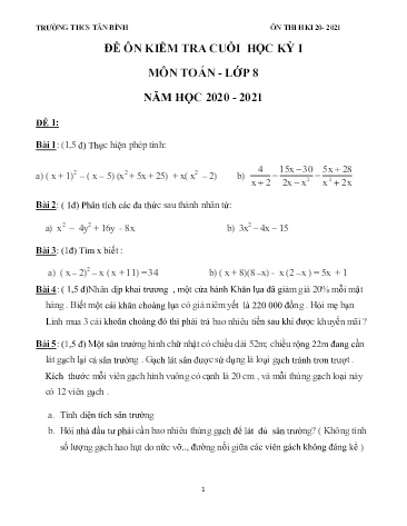 Đề ôn kiểm tra cuối học kỳ I môn Toán 8 - Năm học 2020-2021 - Trường THCS Tân Bình