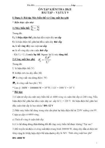 Đề ôn tập kiểm tra học kì II môn Vật lý Lớp 9 (Phần bài tập)