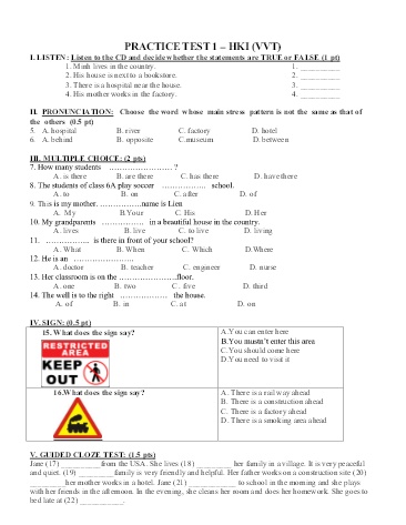 Đề ôn thi học kì I môn Tiếng Anh Lớp 6