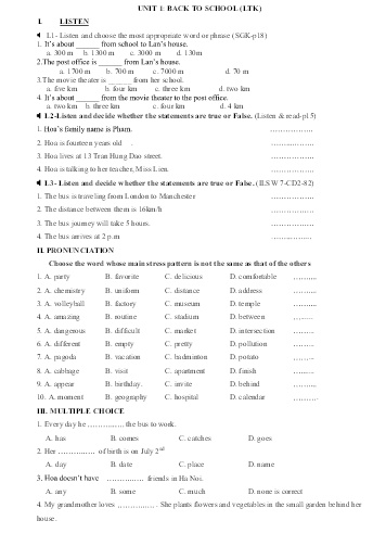 Đề ôn thi học kì I môn Tiếng Anh Lớp 7