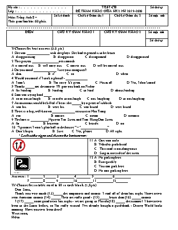 Đề tham khảo giữa học kì 2 môn Tiếng Anh 8 (Test CH) - Năm học 2019-2020