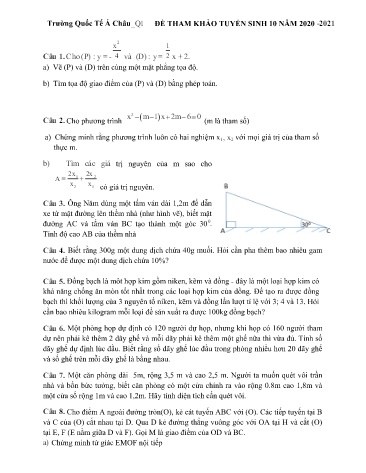 Đề tham khảo tuyển sinh 10 môn Toán - Năm học 2020-2021 - Trường Quốc tế Á Châu, Quận 1