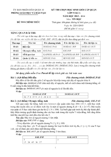 Đề thi chọn học sinh giỏi Lớp 9 THCS cấp Quận môn Tin học - Phòng GD&ĐT Quận 10