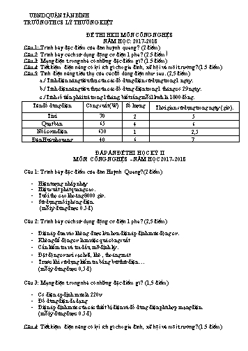 Đề thi học kì II môn Công nghệ 8 - Năm học 2017-2018 - Trường THCS Lý Thường Kiệt (Có đáp án)
