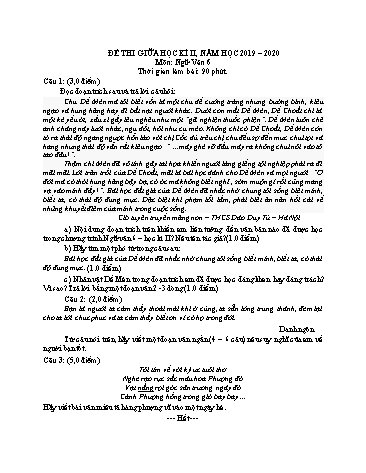 Đề thi học kì II môn Ngữ văn Lớp 6 - Năm học 2019-2020