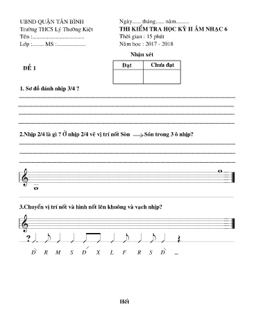 Đề thi học kỳ II môn Âm nhạc 6 - Đề 1 - Năm học 2017-2018 - Trường THCS Lý Thường Kiệt (Kèm đáp án)