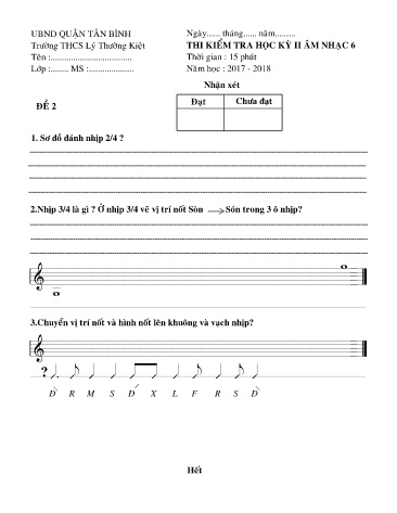 Đề thi học kỳ II môn Âm nhạc 6 - Đề 2 - Năm học 2017-2018 - Trường THCS Lý Thường Kiệt (Kèm đáp án)