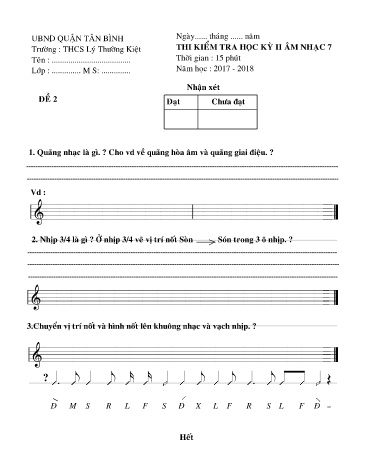 Đề thi học kỳ II môn Âm nhạc 7 - Đề 2 - Năm học 2017-2018 - Trường THCS Lý Thường Kiệt (Kèm đáp án)
